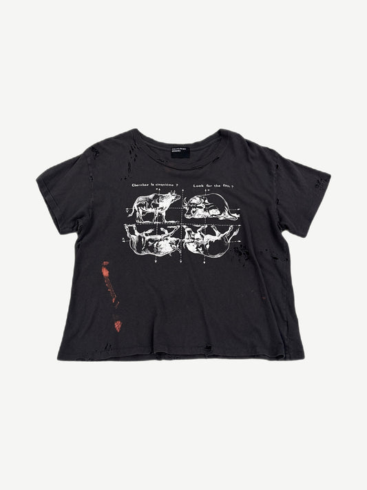 Enfants Riches Deprimes distressed black tee with Look for the Fifth bull illustration graphic and red paint marks