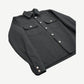 Chrome Hearts Work Dog jacket angled flat lay highlighting silver cross button placket and cuff hardware.