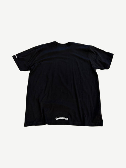 Chrome Hearts black pocket tee back with large gothic Chrome Hearts horseshoe scroll logo print.
