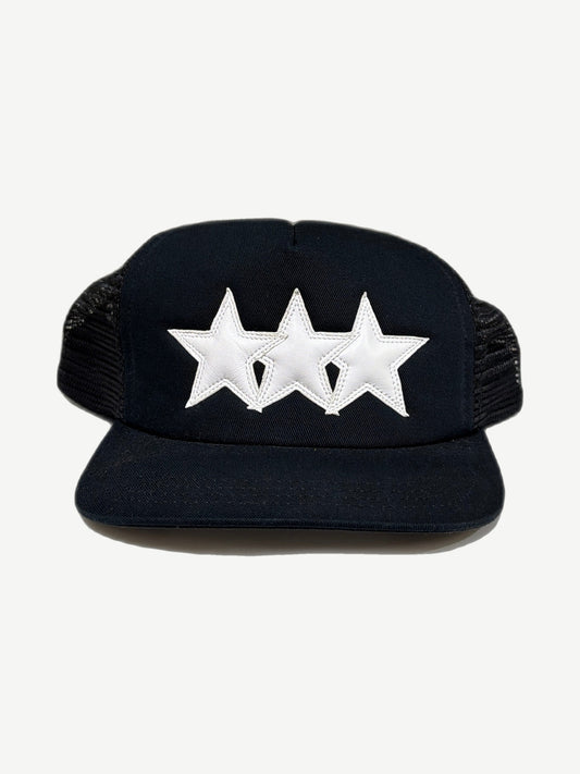 Chrome Hearts black and white triple star foam trucker hat with embroidered stars on front panel.