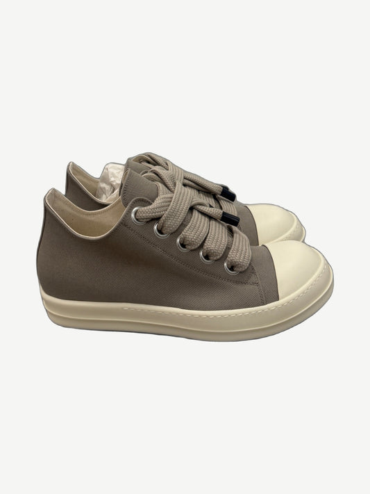 Rick Owens DRKSHDW Dirty Pearl low sneakers, taupe canvas upper with chunky cream rubber sole