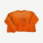 HMDD orange longsleeve tee with Experimental Trend Set typewriter print and scribbled sketches across the chest