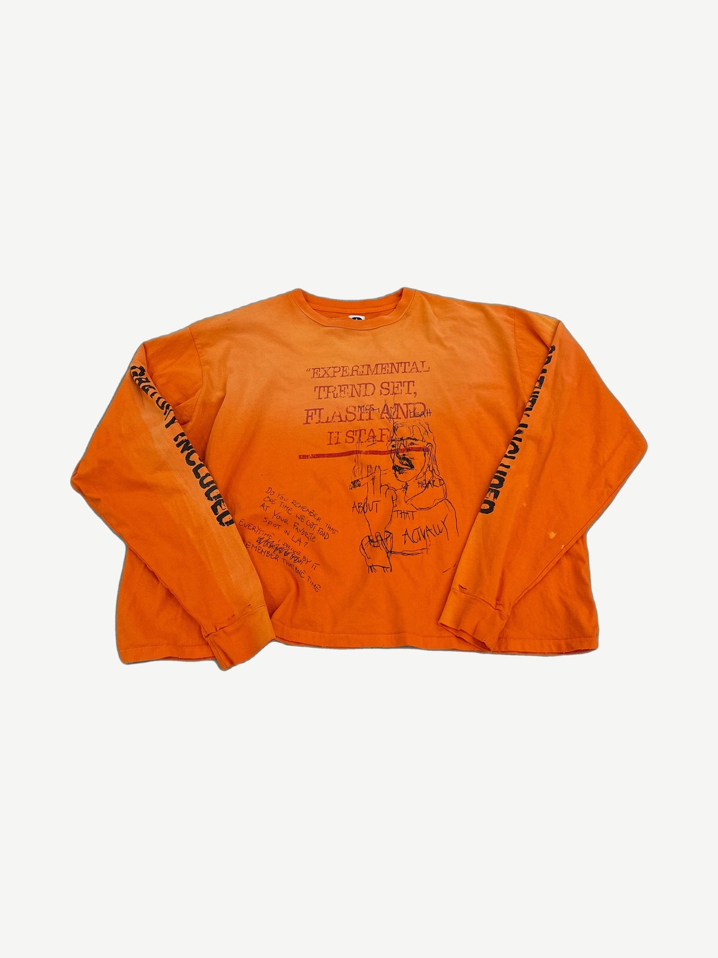 HMDD orange longsleeve tee with Experimental Trend Set typewriter print and scribbled sketches across the chest