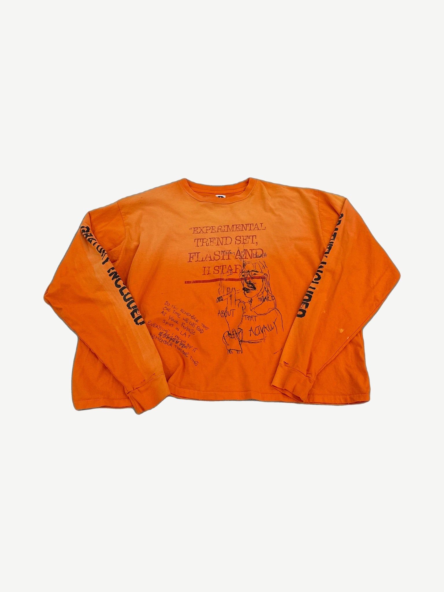 HMDD orange longsleeve tee with Experimental Trend Set typewriter print and scribbled sketches across the chest