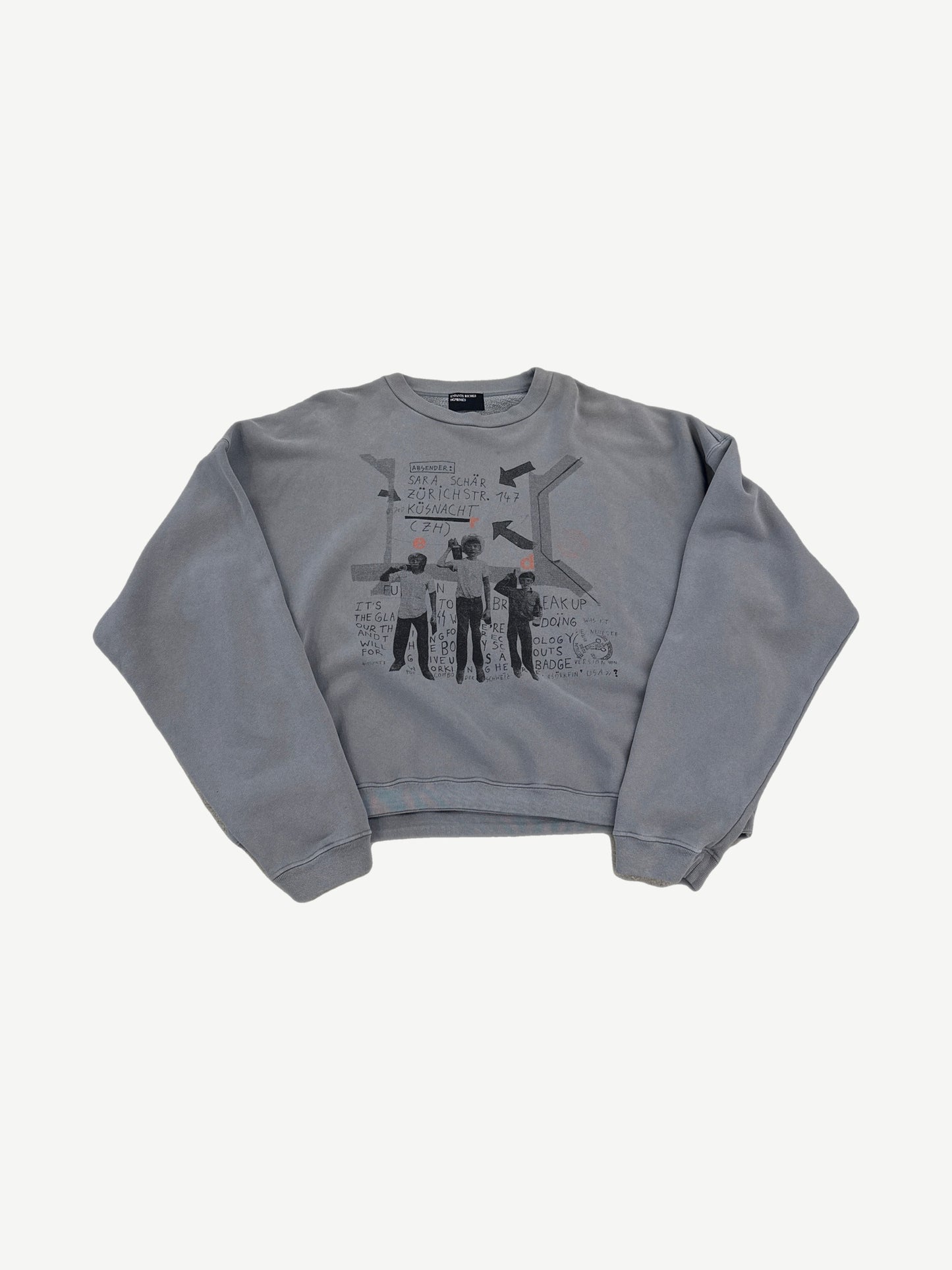 Enfants Riches Deprimes gray Absender crewneck with cropped boxy cut and lineup photo collage chest print