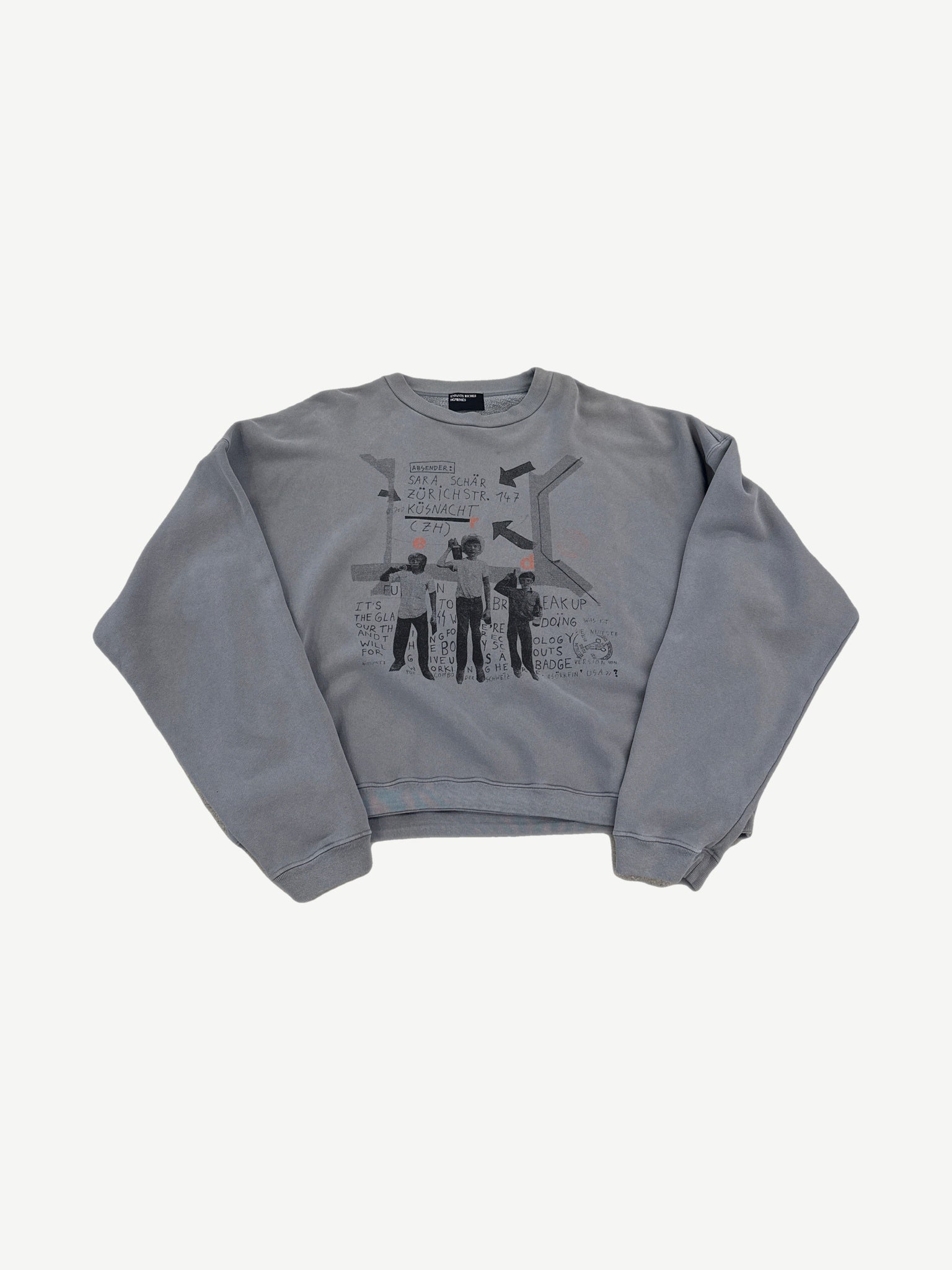 Enfants Riches Deprimes gray Absender crewneck with cropped boxy cut and lineup photo collage chest print