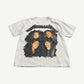 Vintage Metallica white tour tee front with four band member portraits beneath red and black Metallica logo print.
