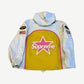 Supreme Vanson white GORE-TEX shell back view with yellow and pink Supreme star graphic and sleeve text