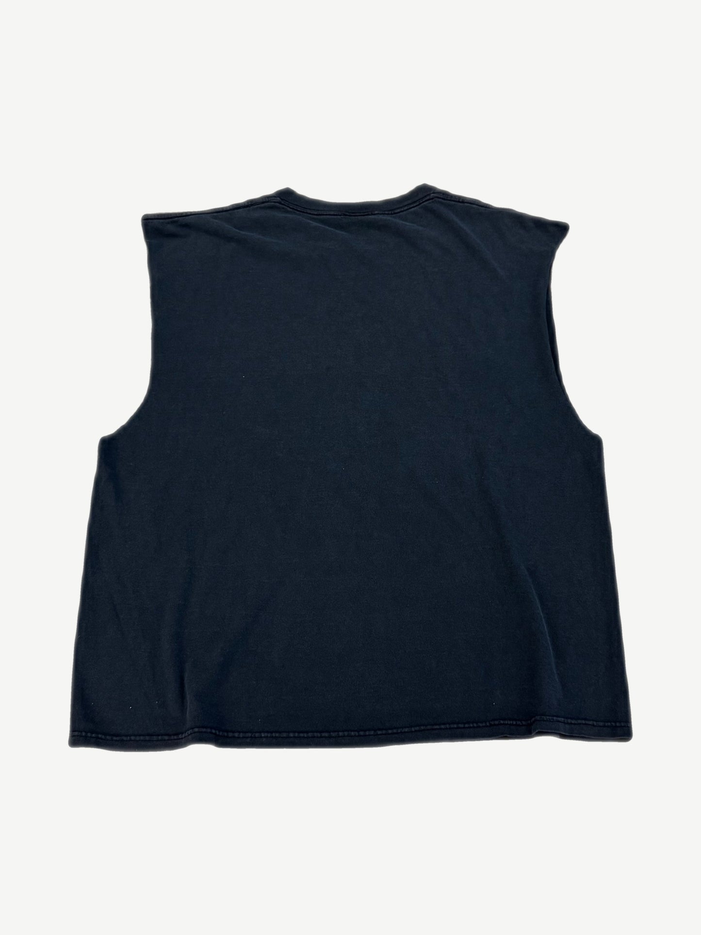 Vintage Metallica Ride the Lightning sleeveless cutoff tee back, blank faded black cotton with raw armholes.