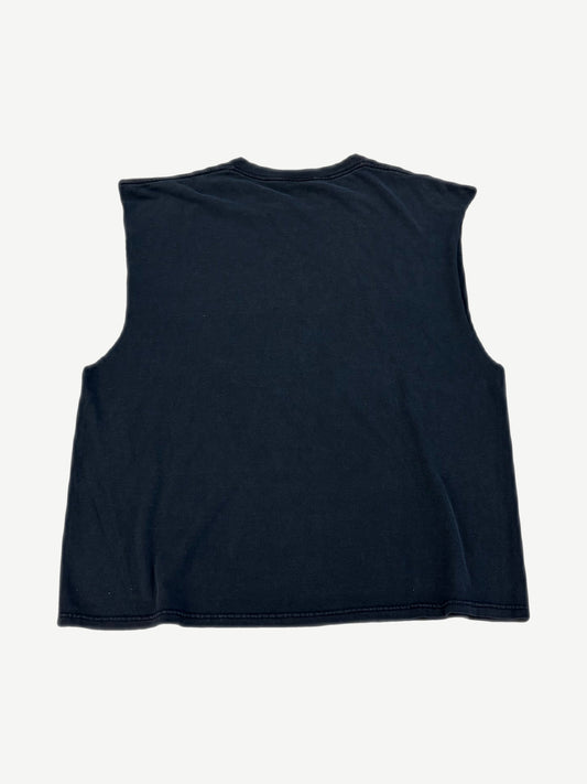 Vintage Metallica Ride the Lightning sleeveless cutoff tee back, blank faded black cotton with raw armholes.
