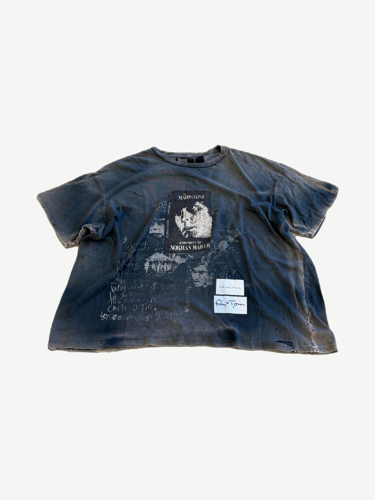 Paly Hollywood Maidstone tee in distressed indigo with Norman Mailer film print and handwritten script accents