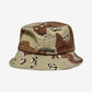 Chrome Hearts camo bucket hat back showing silver Chrome Hearts scroll plaque and chocolate chip camo print
