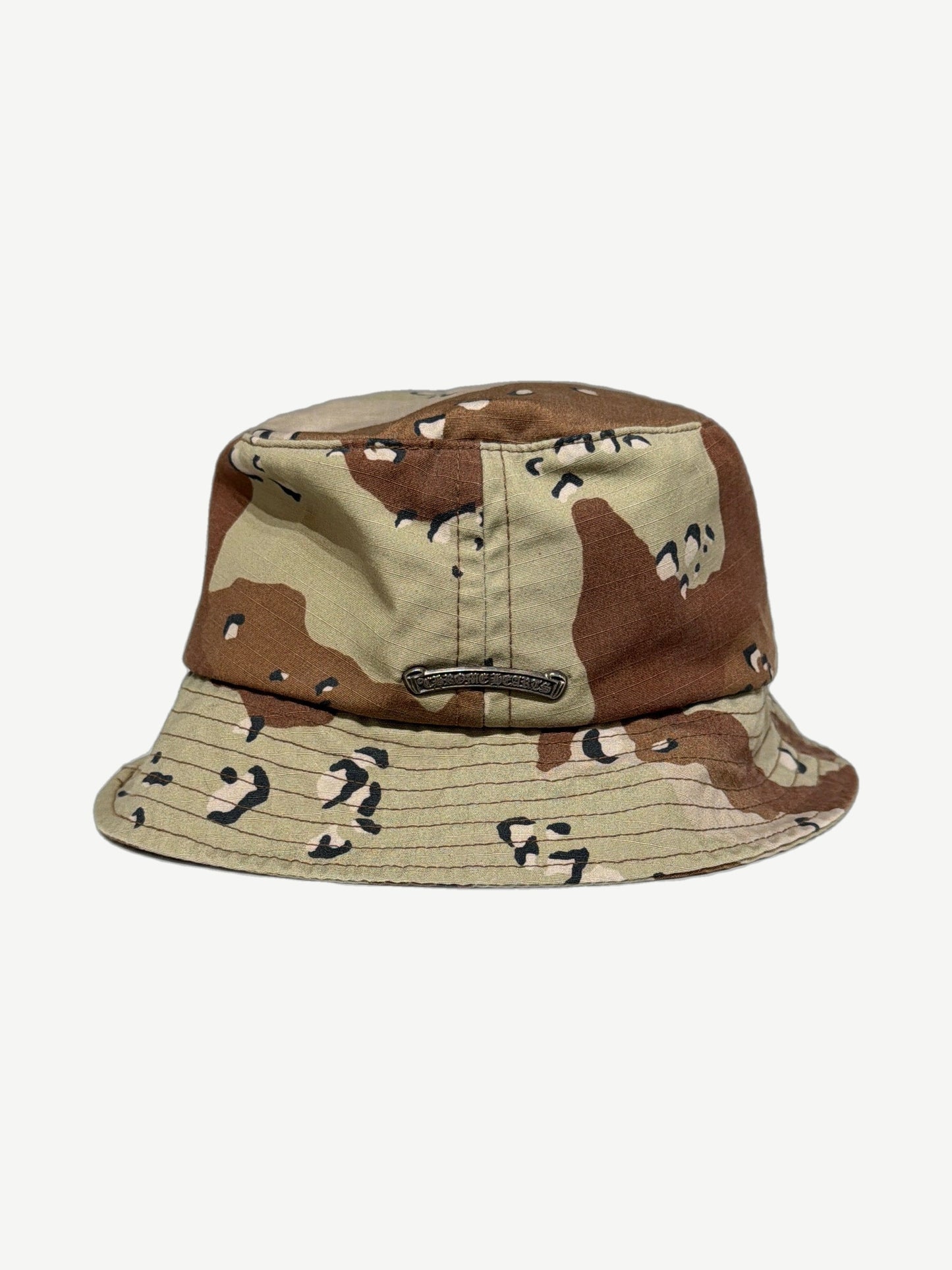 Chrome Hearts camo bucket hat back showing silver Chrome Hearts scroll plaque and chocolate chip camo print