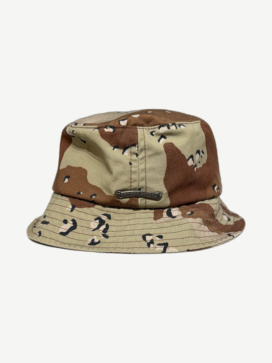 Chrome Hearts camo bucket hat back showing silver Chrome Hearts scroll plaque and chocolate chip camo print