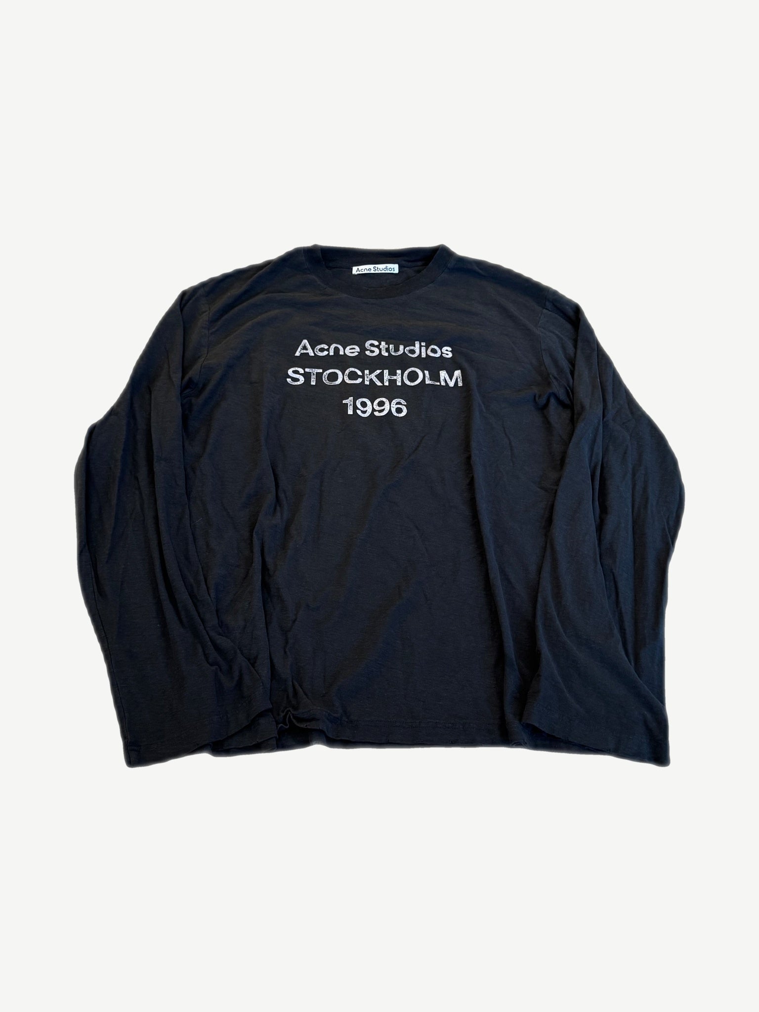 Acne Studios faded black longsleeve with distressed Stockholm 1996 chest logo print