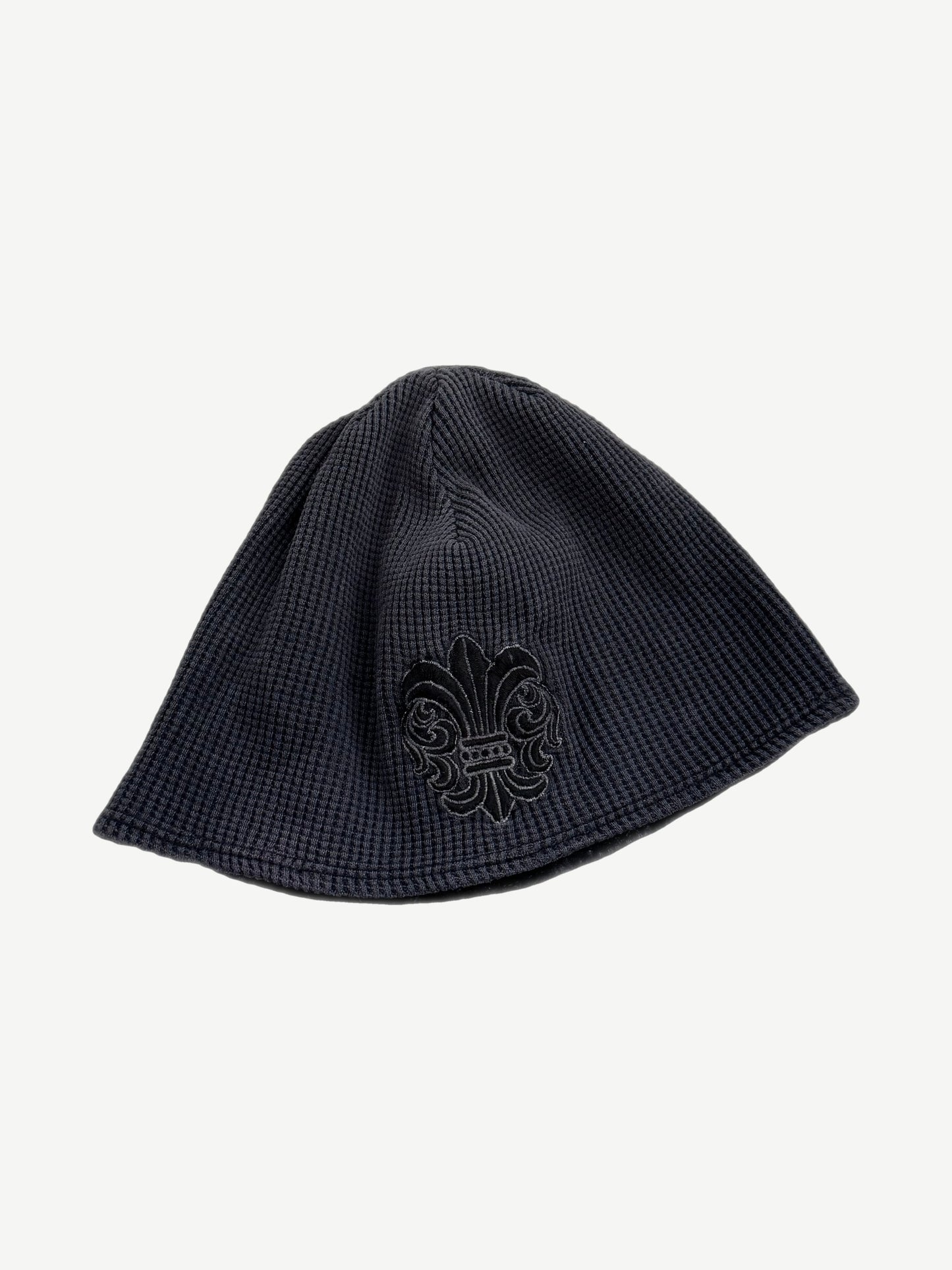 Vintage Chrome Hearts navy thermal waffle knit skully beanie with embroidered fleur de lis emblem.