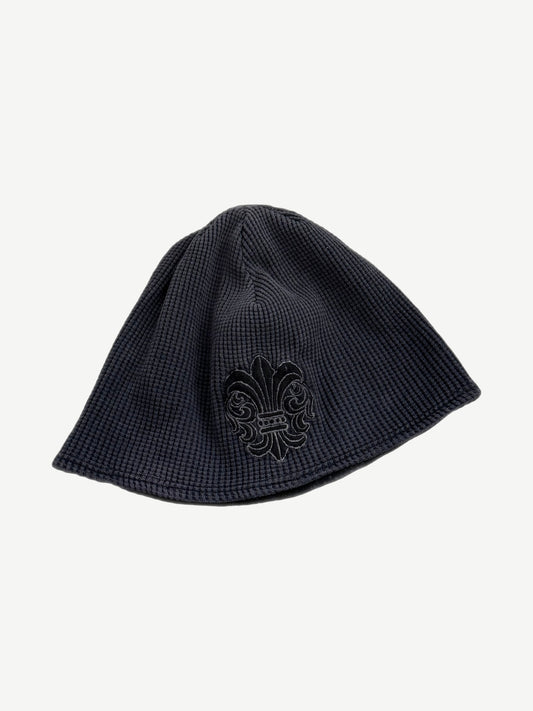 Vintage Chrome Hearts navy thermal waffle knit skully beanie with embroidered fleur de lis emblem.
