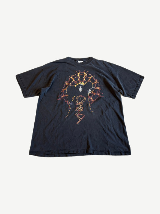 Vintage Ozzy Osbourne tee in faded black with orange flame spider web and Ozzy silhouette graphic.