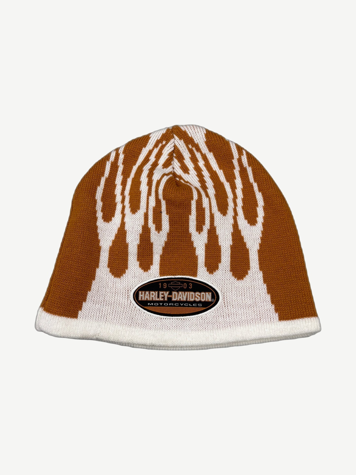 Vintage Harley Davidson knit beanie with orange and white flame pattern and bar and shield patch