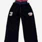 Project GR black triple layered sweatpants with stacked waistbands, USA peace flag patch and number 3 applique