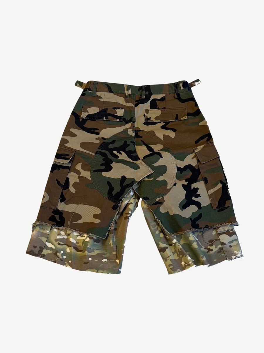 Project GR camo layered cargo shorts back, woodland camo with multicam layered hem detail