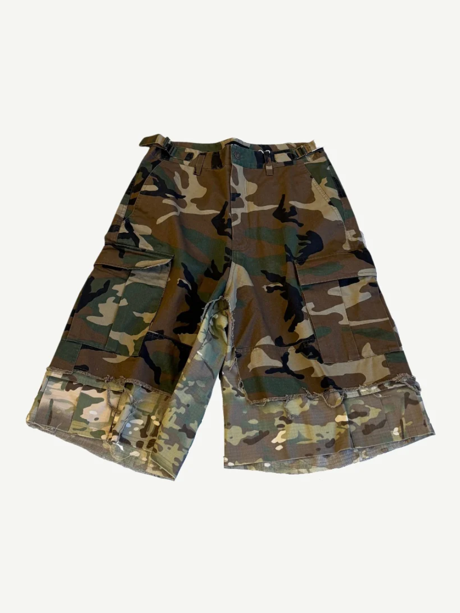 Project GR camo layered cargo shorts front, woodland camouflage with multicam under-skirt panel