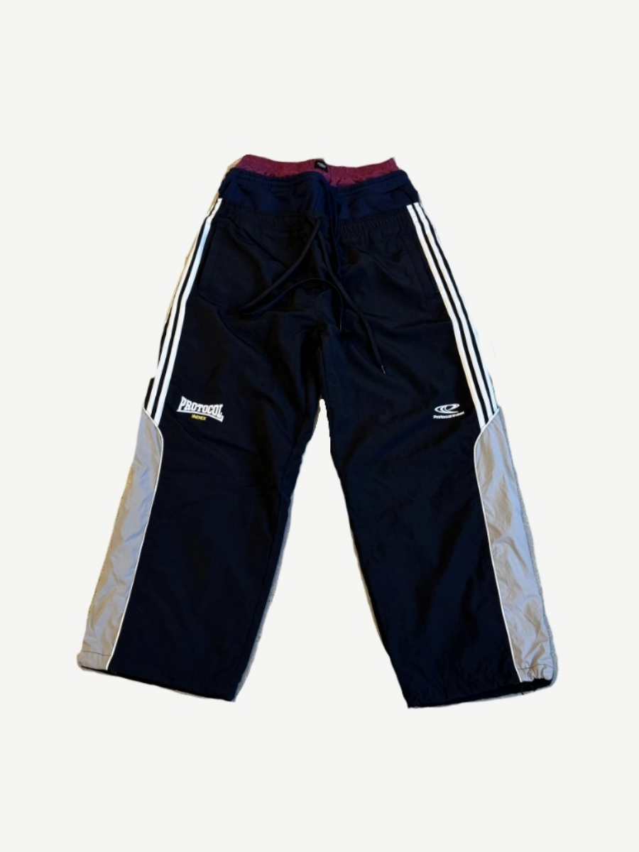 Protocol Index black 3-layered track pants with white triple side stripes and burgundy waistband