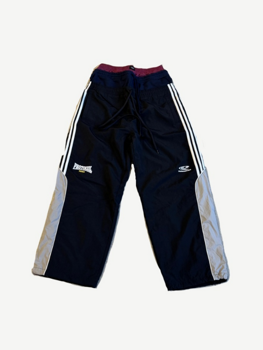Protocol Index black 3-layered track pants with white triple side stripes and burgundy waistband