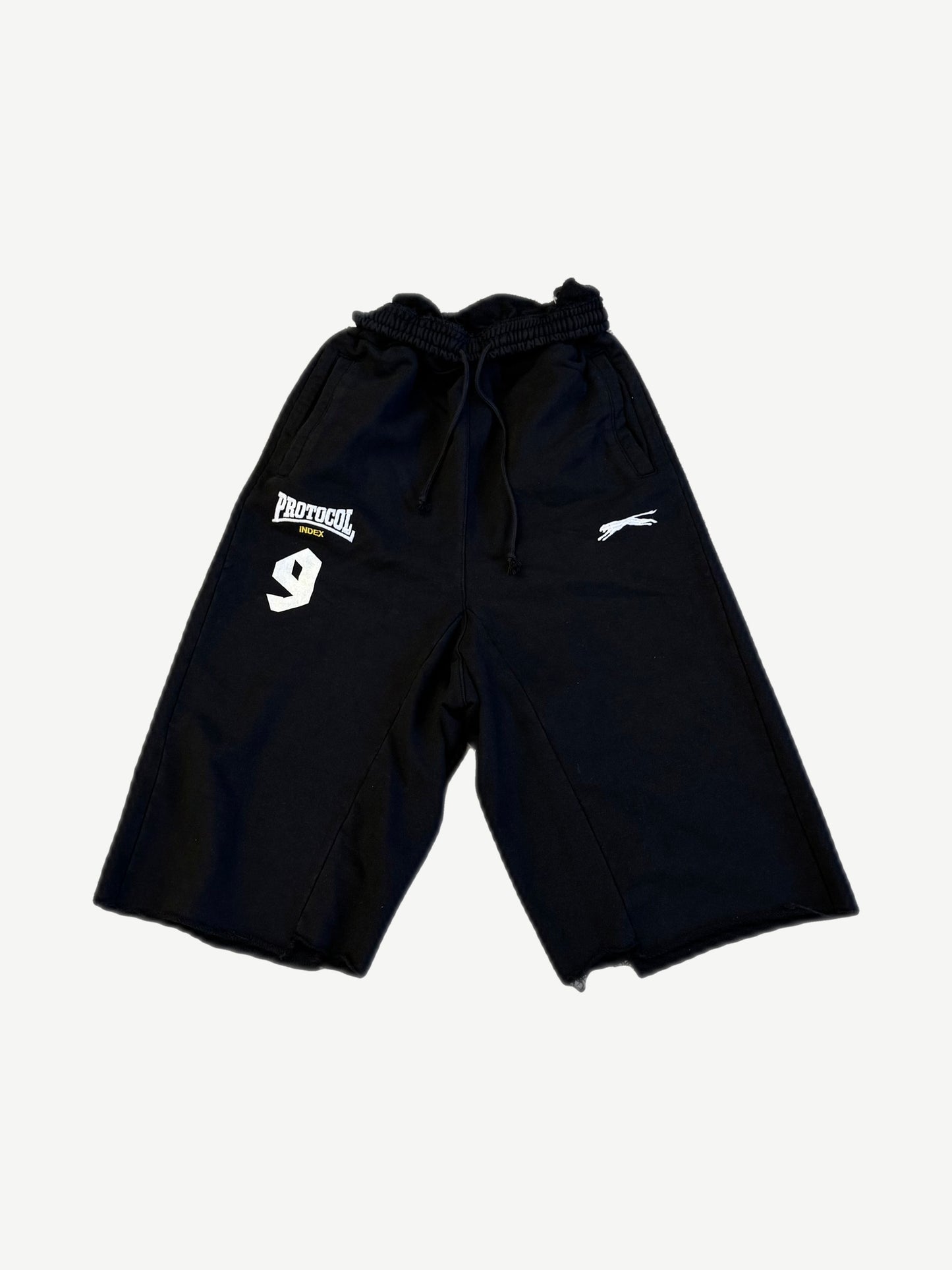 Protocol Index black folded waist sweat shorts front with white Protocol Index 9 logo on left leg