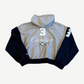 Protocol Index Cuntier grey cropped zip hoodie back with white script logo, 3 number patch and navy sleeves.