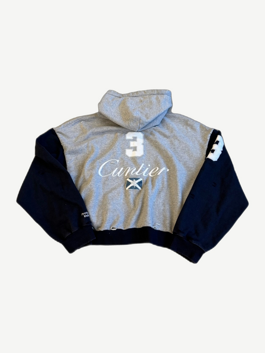 Protocol Index Cuntier grey cropped zip hoodie back with white script logo, 3 number patch and navy sleeves.