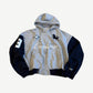 Protocol Index Cuntier melange grey full zip hoodie front with navy sleeves, horse crest and varsity 3 patch.