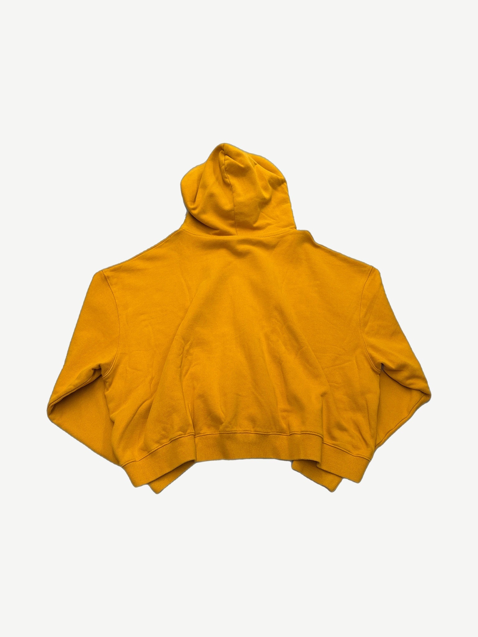 Back view of Raspberry Hills mustard yellow cropped zip-up hoodie with raglan sleeves and ribbed cuffs