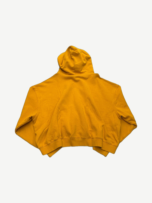 Back view of Raspberry Hills mustard yellow cropped zip-up hoodie with raglan sleeves and ribbed cuffs