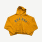 Raspberry Hills mustard yellow cropped zip-up hoodie with navy arched Rberry collegiate logo, front view
