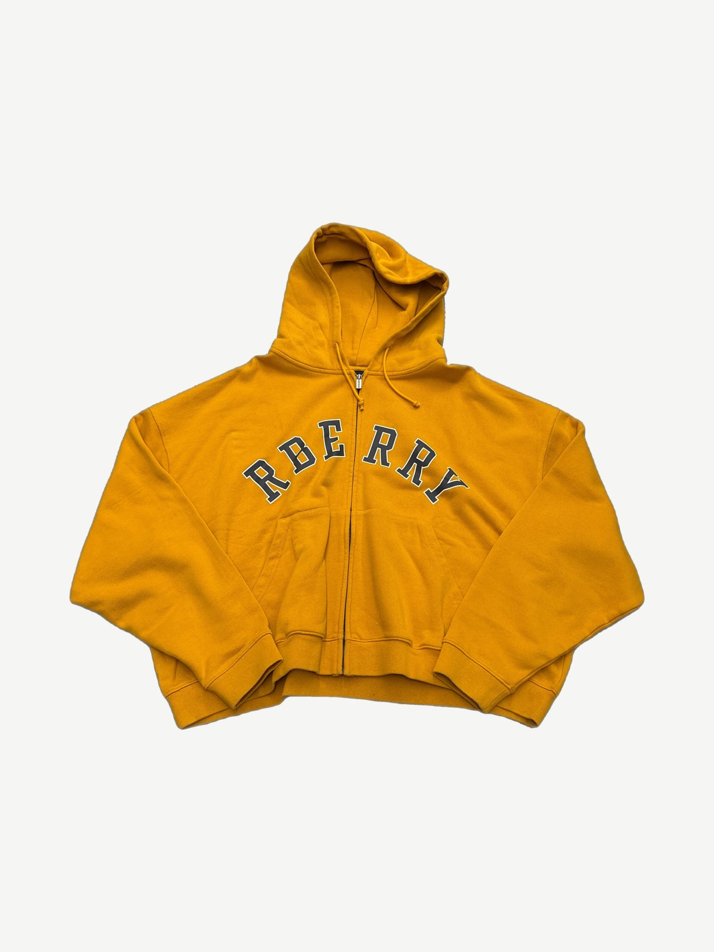Raspberry Hills mustard yellow cropped zip-up hoodie with navy arched Rberry collegiate logo, front view