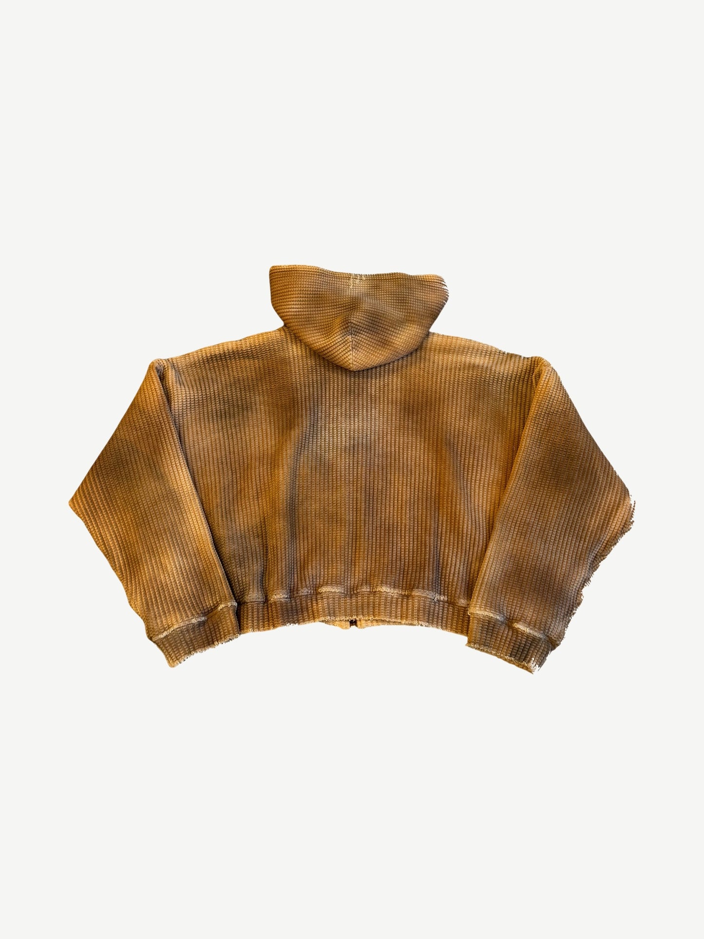 Raspberry Hills faded yellow waffle thermal hoodie back view with sun-bleached fade and ribbed hem.