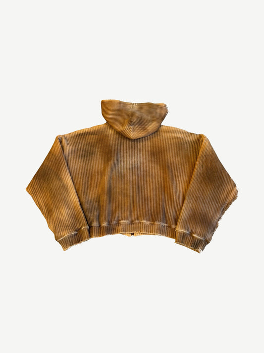 Raspberry Hills faded yellow waffle thermal hoodie back view with sun-bleached fade and ribbed hem.