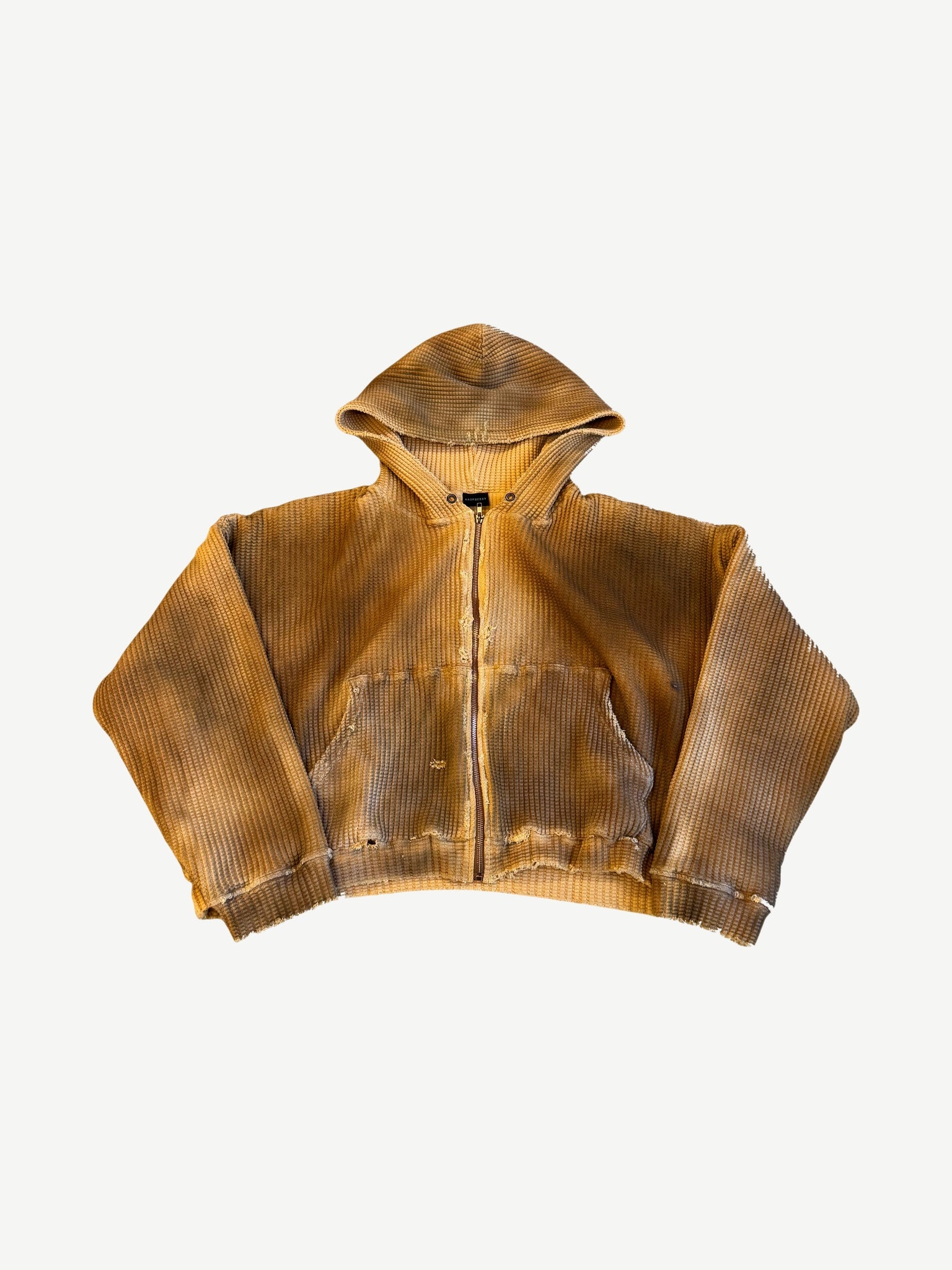 Raspberry Hills sun-faded yellow waffle thermal zipup hoodie with raw distressed seams and full zipper.