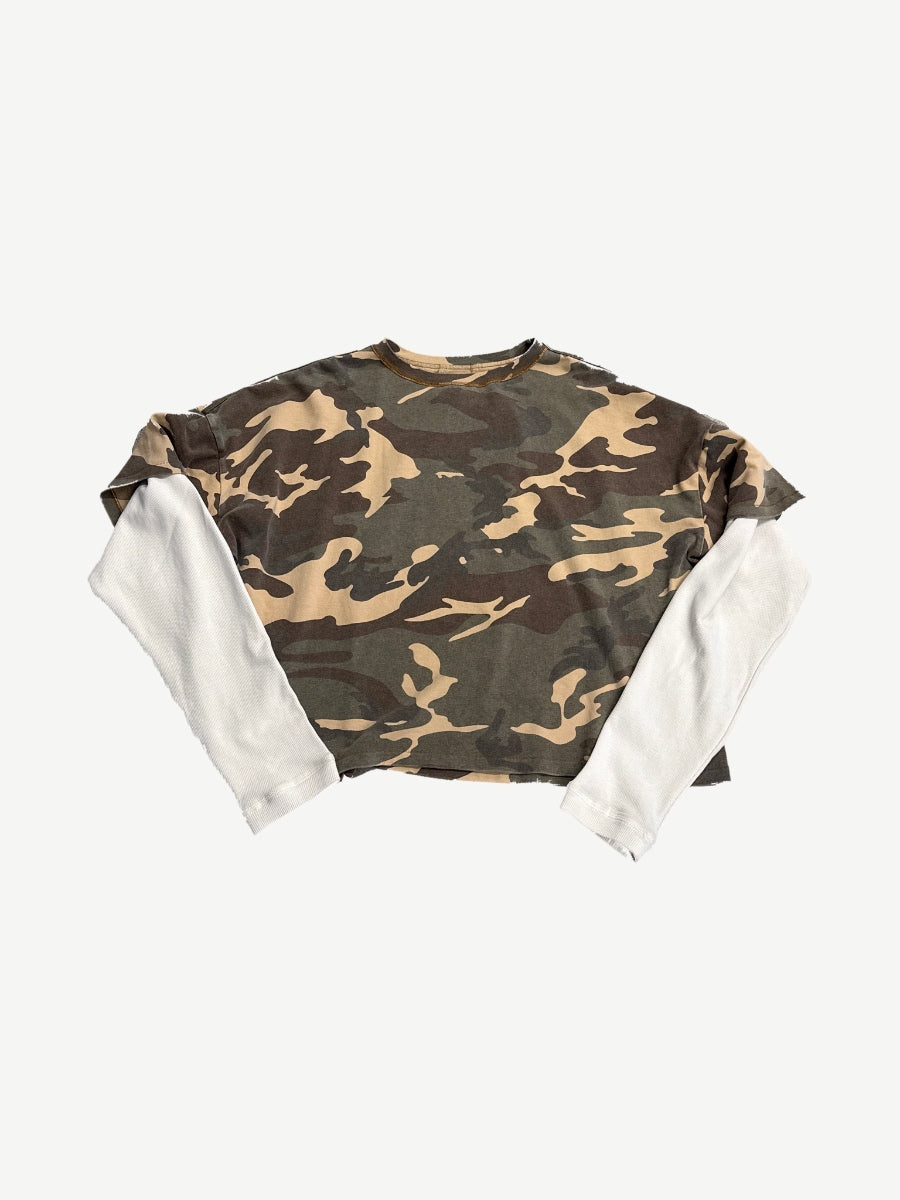 Rhude camo double layered longsleeve with woodland print body and contrast cream knit thermal sleeves.