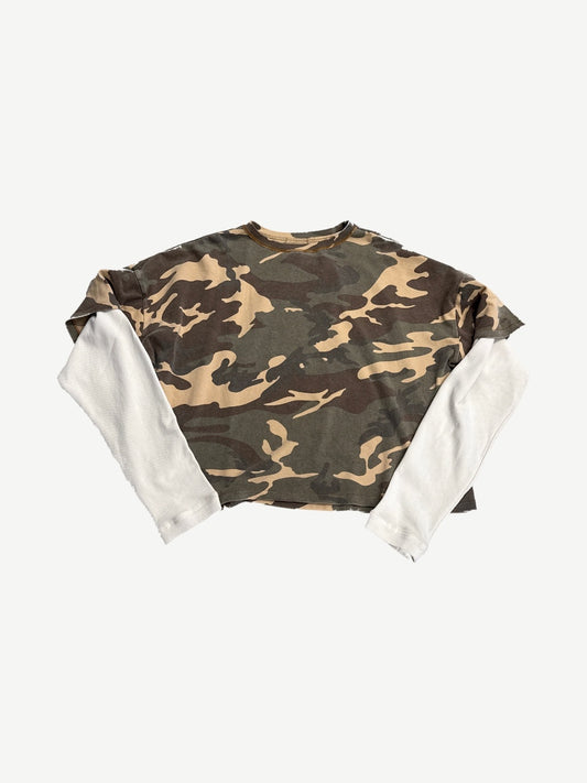 Rhude camo double layered longsleeve with woodland print body and contrast cream knit thermal sleeves.