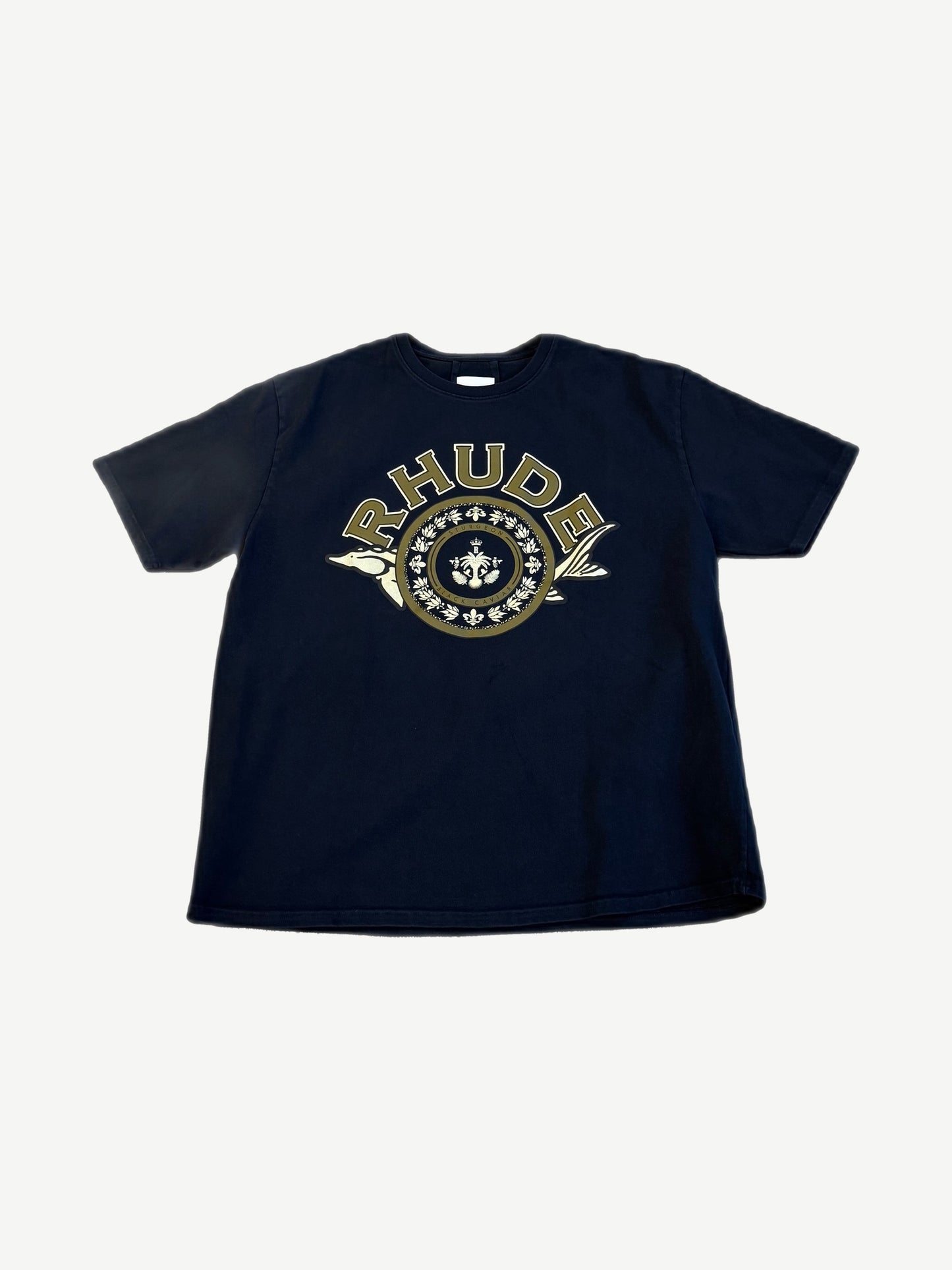 Rhude navy vintage tee with gold Black Caviar sturgeon emblem print across front chest