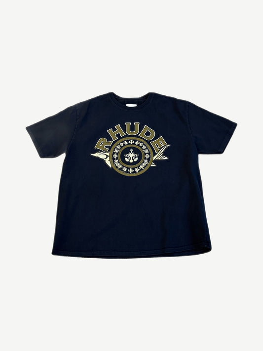 Rhude navy vintage tee with gold Black Caviar sturgeon emblem print across front chest