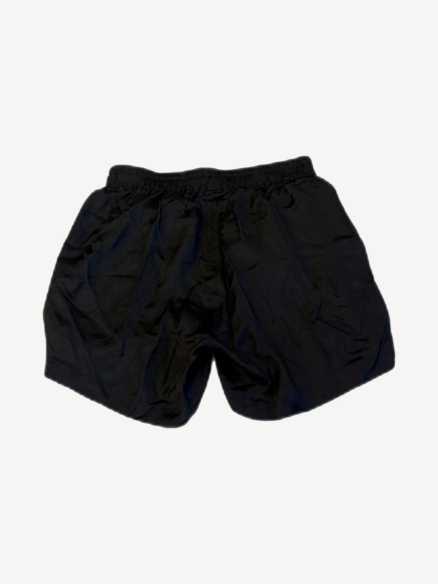 Rick Owens Bela black silk boxer shorts back view with elastic waist and curved relaxed hem