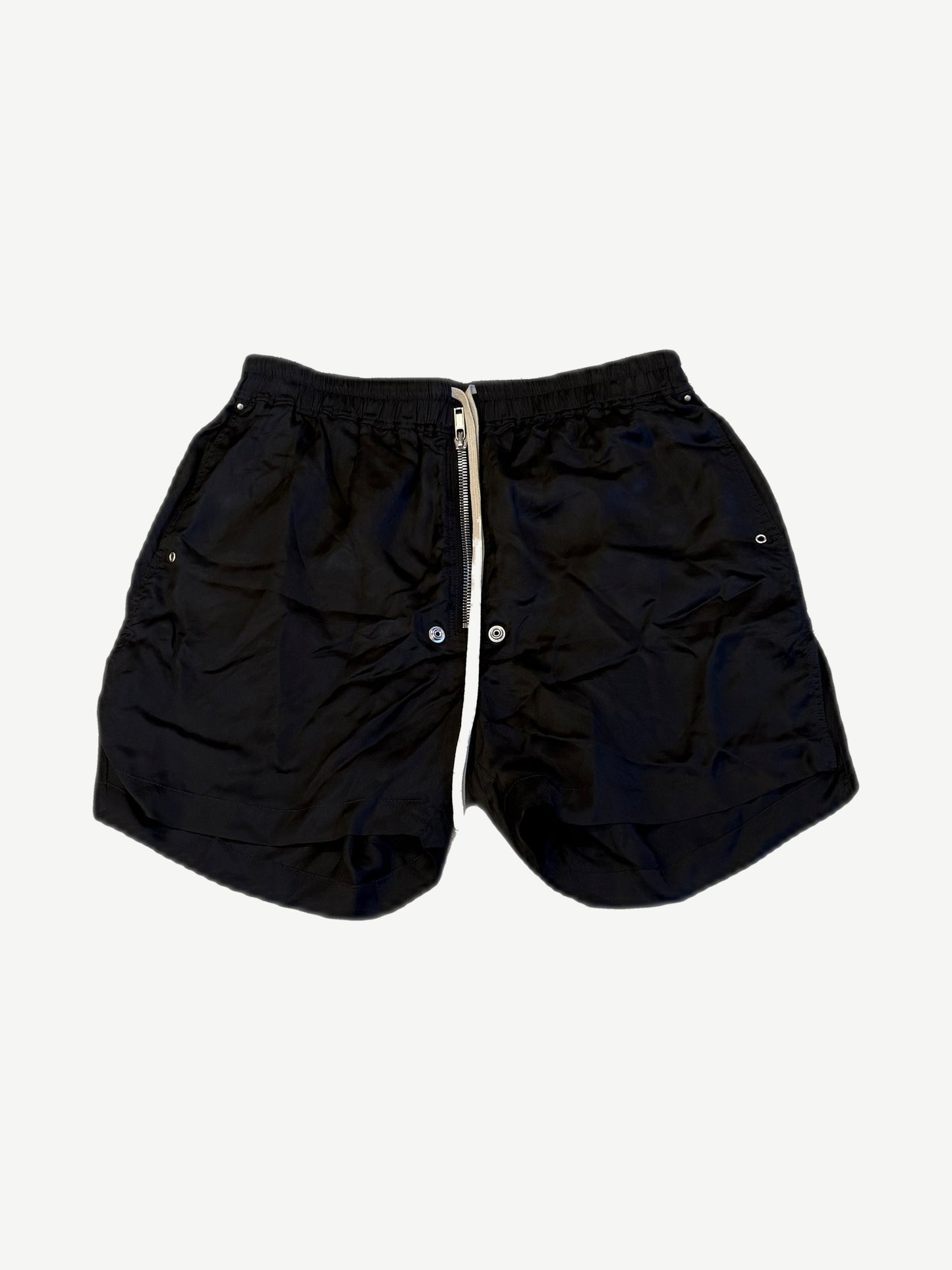 Rick Owens Bela boxer shorts in black silk with front zip fly, snap closure and elastic waistband
