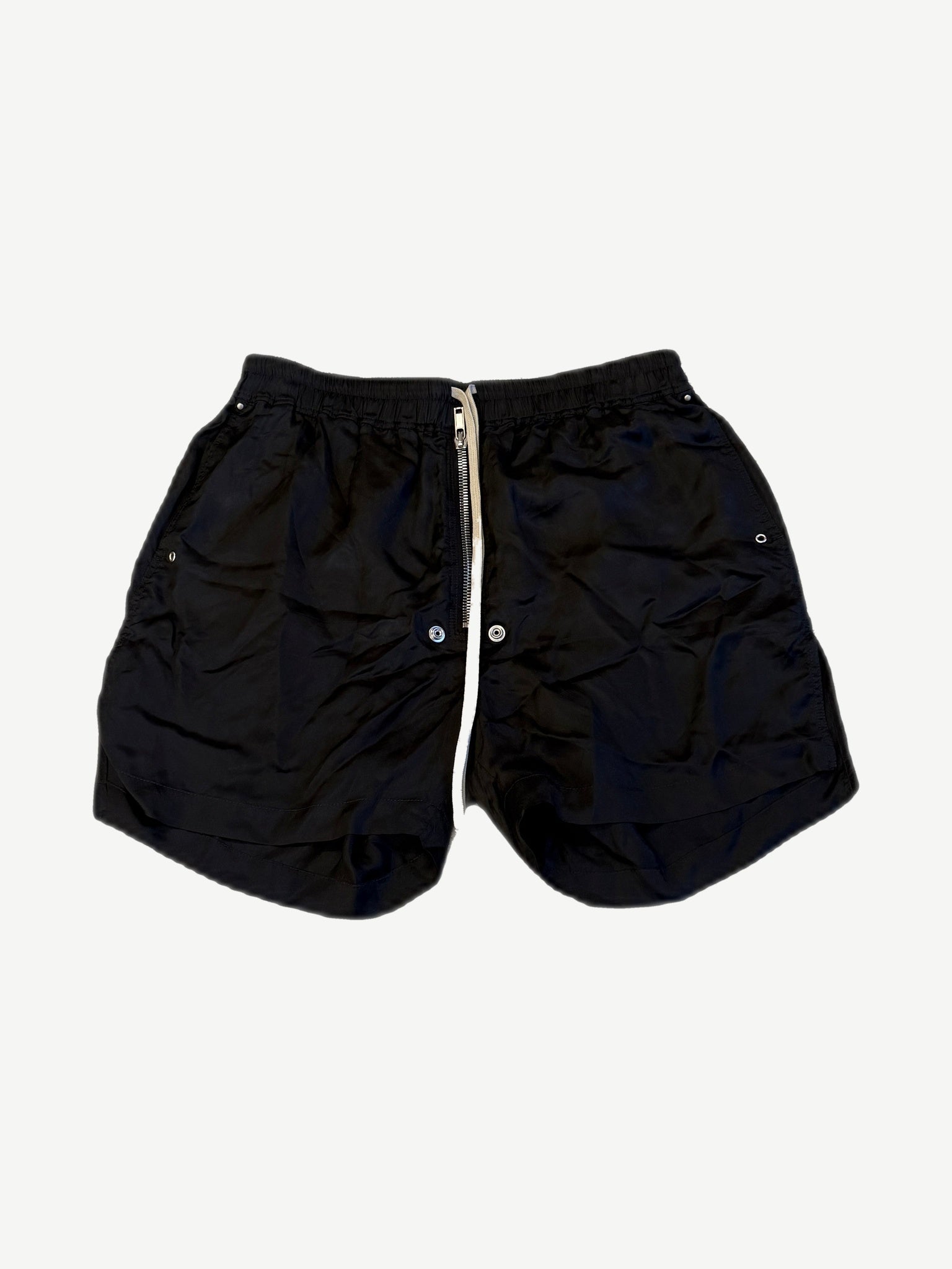 Rick Owens Bela boxer shorts in black silk with front zip fly, snap closure and elastic waistband