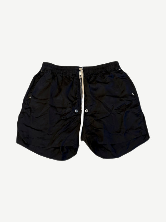 Rick Owens Bela boxer shorts in black silk with front zip fly, snap closure and elastic waistband