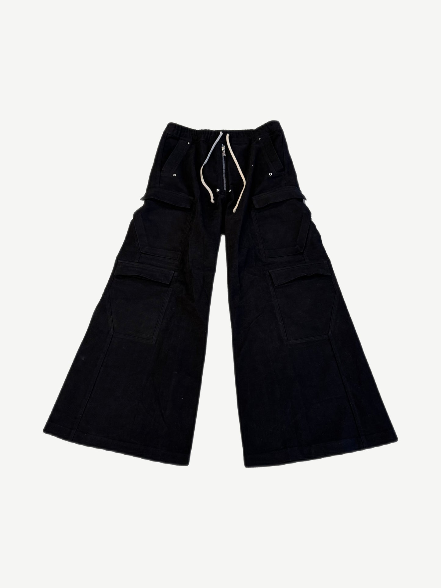 Rick Owens Bela cargo pants in heavy off-white canvas with oversized side pockets and tapered straight leg.