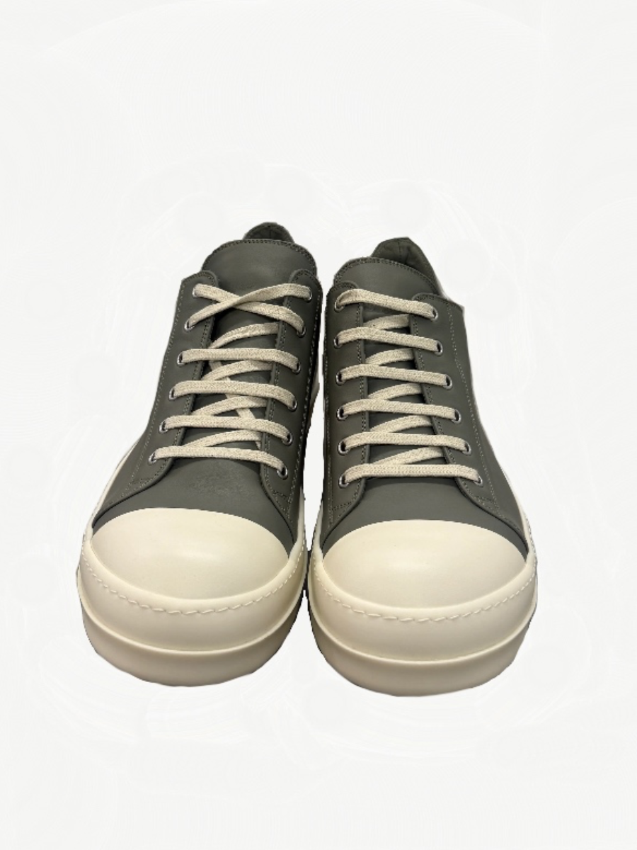 Front view of Rick Owens Hollywood low sneakers in celadon leather with cream laces and white rubber toe caps