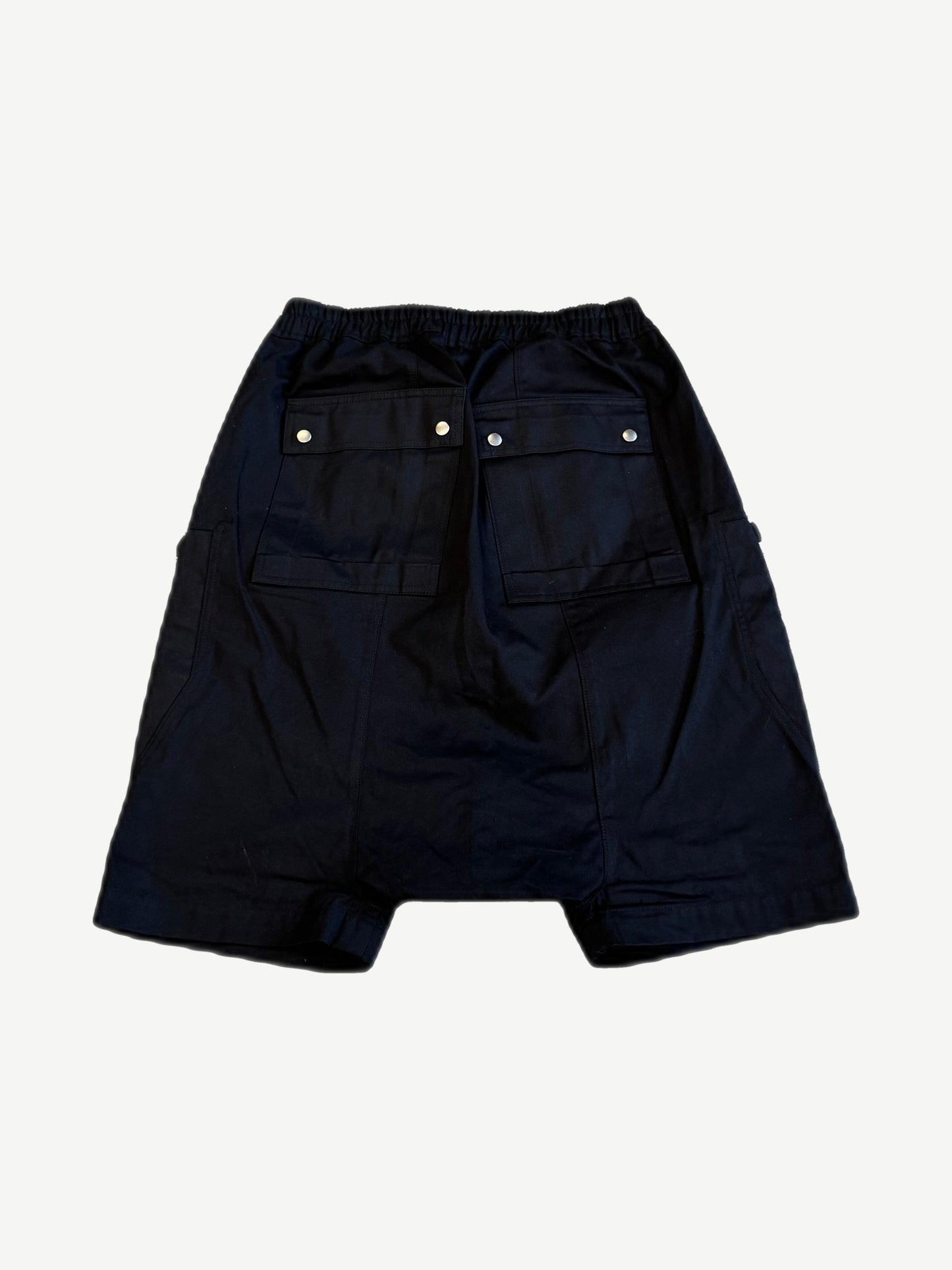 Rick Owens DRKSHDW Bauhaus Pods black shorts back with snap flap pockets and dropped seat